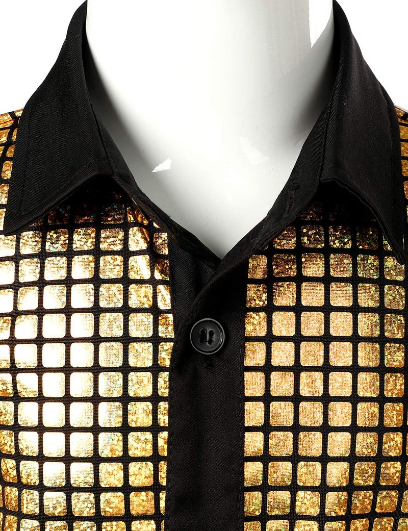 JOGAL Boy's Dress Shirt Sequins Button Down Shirts 70s Disco Party Costume 12 Gold - Image 3